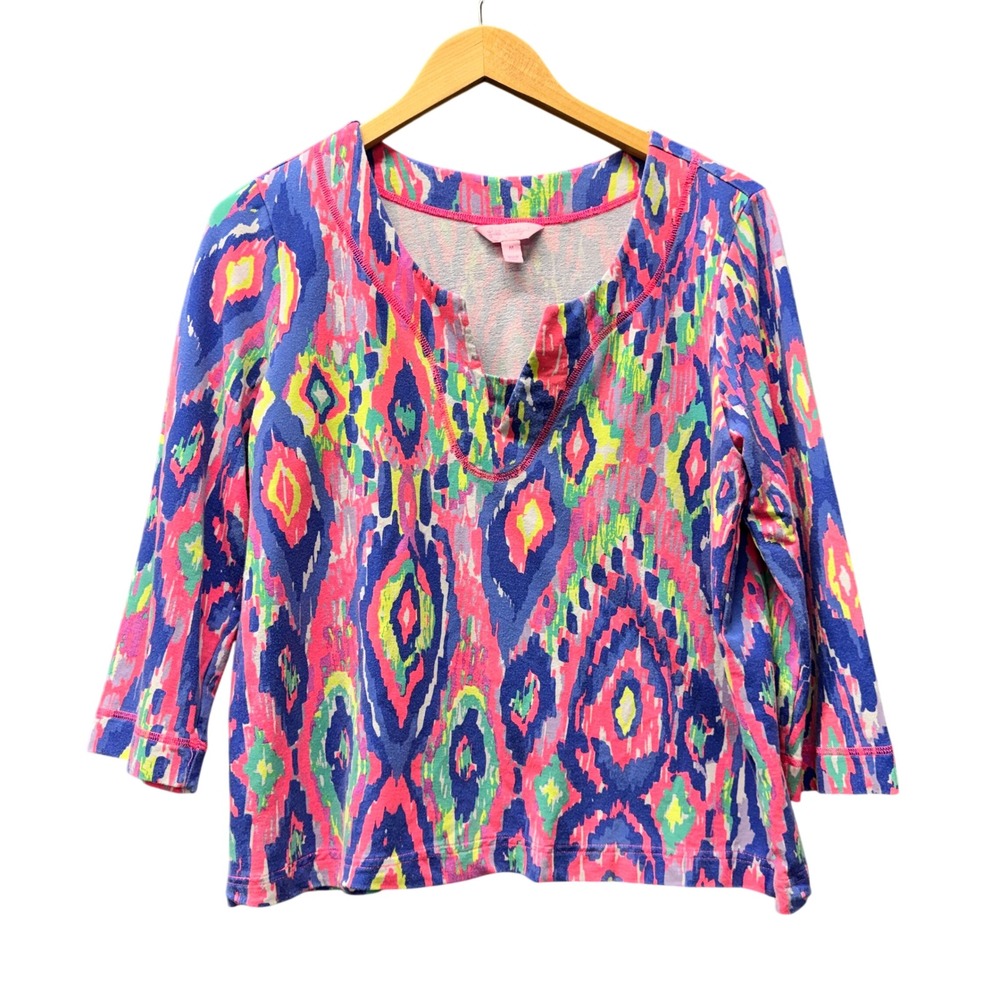 Lilly Pulitzer Pullover Womens M Etta V-Neck Pink Blue Ikat 3/4 Sleeve Coastal